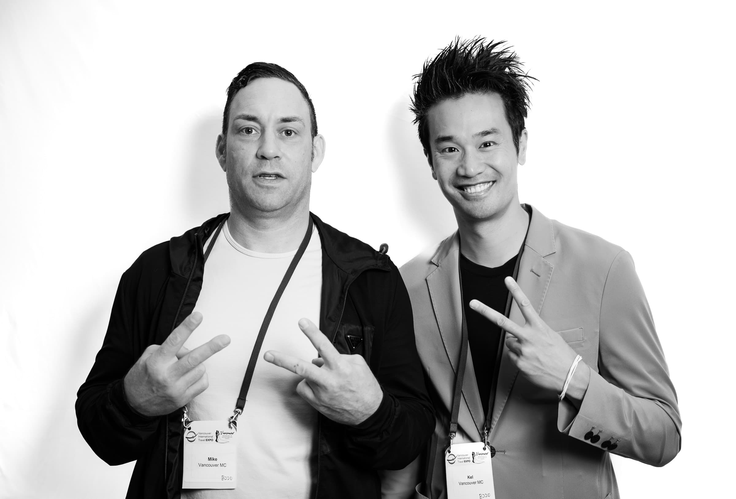 Black and white portrait of Mike Oulton and Kel together, the two performers behind Party Pros Vancouver