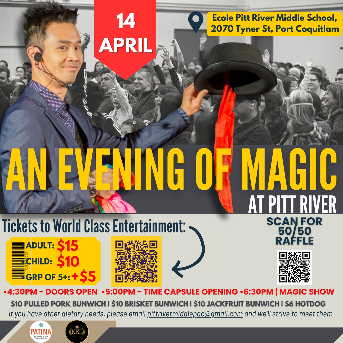 Poster for An Evening of Magic at Ecole Pitt River Middle School, Port Coquitlam, April 14