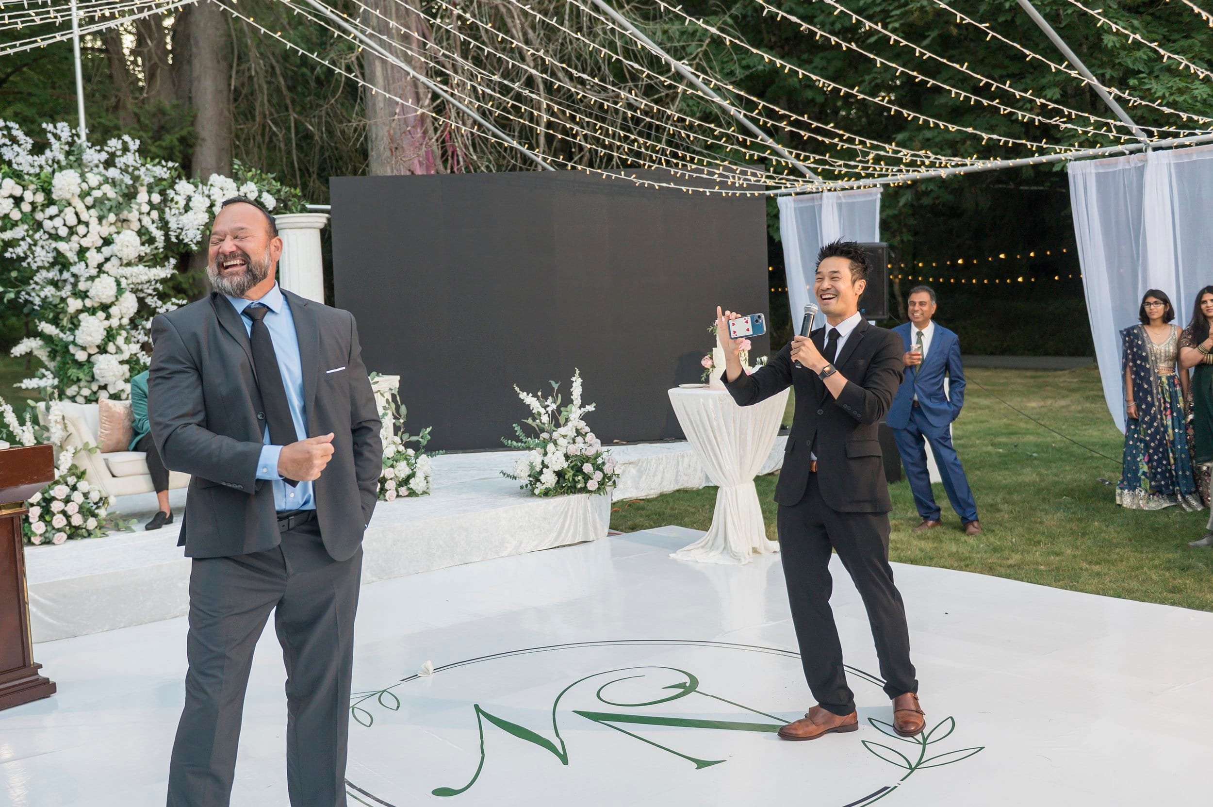 Pulling a volunteer from the crowd at Neeraj and Natasha’s wedding.